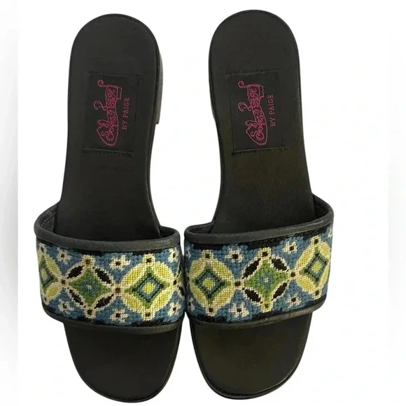 PAIGE Needlepoint Sandals Blue Yellow Leather Lined Women’s Shoes Size 8 8.5 - Picture 5 of 5